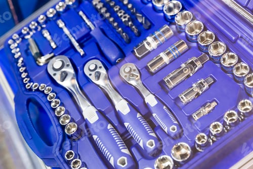 Preview: Professional toolbox, heads and ratchets closeup