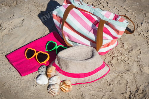 Preview: Colorful accessories using for relax and sunbathing on beach. Travel and vacation time