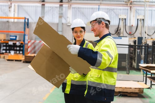 Preview: Professional worker team supervisor inspector in packaging stock at cardboard factory warehouse