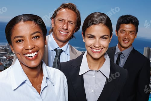 Preview: Portrait of a group of businesspeople standing outside on a patio overlooking the ocean