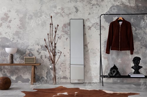 Preview: The stylish compostion at living room interior with concrete wall,