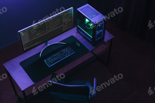 Preview: Top view of home coder workspace with professional programming setup