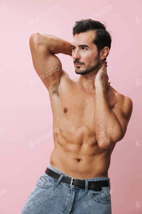 Preview: Man pink muscle background holiday body fitness jeans torso belt lifestyle muscular sexy sport naked