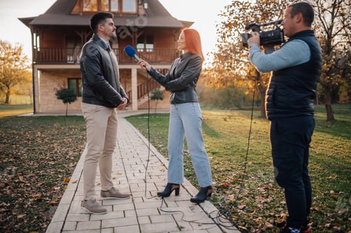 Preview: Journalist interviewing businessman while cameraman is filming in front of house