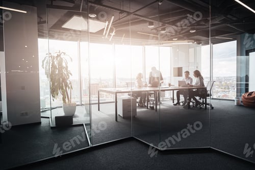 Preview: Team of businessmen communicating together in modern office with panoramic windows