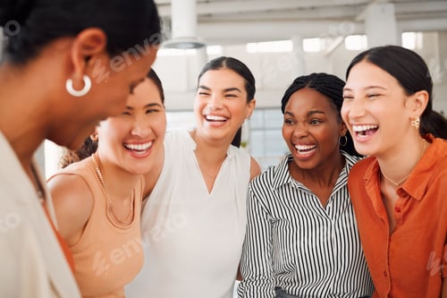 Preview: Diverse group of five cheerful businesswomen having a meeting together in at work. Joyful businessp