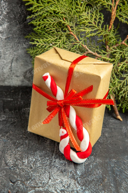 Preview: front view small gift tied with red ribbon xmas candy pine branch on grey background