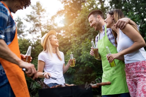 Preview: Group of friends having a barbecue party in nature