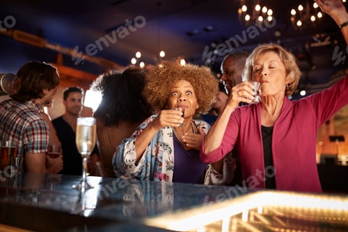 Preview: Female Senior Friends Drinking Shots In Bar Together