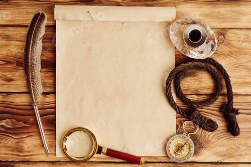 Preview: Old paper on brown wood background with feather