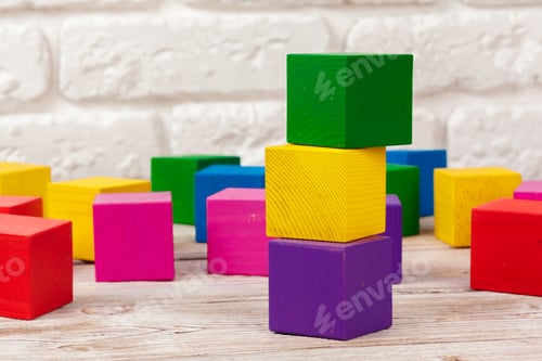 Preview: toy blocks heap, multicolor wooden bricks stack