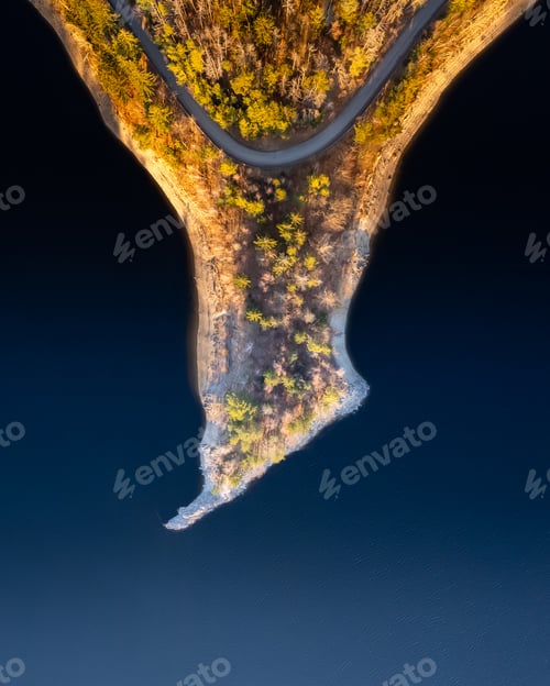 Preview: Aerial view of a blue body of water and coast with growing trees