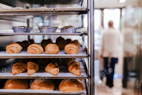 Preview: unrecognizable woman on bakery. selective focus with croissants and bread