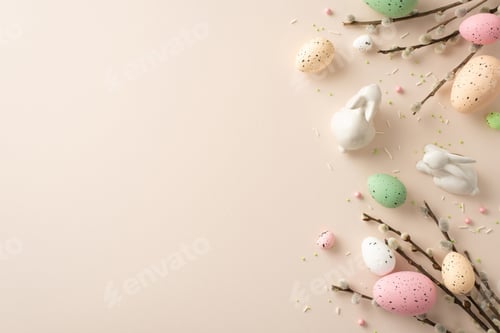 Preview: Experience magic of Easter with this charming setup. Top view of Easter decor