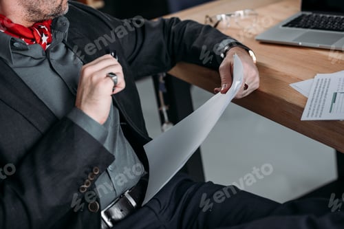 Preview: cropped shot of middle aged businessman working with papers in office