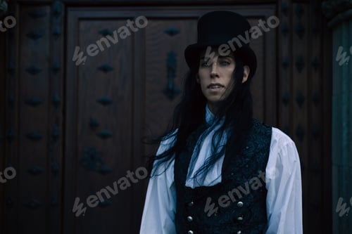 Preview: Portrait of handsome vampire with long black hair in gothic costume