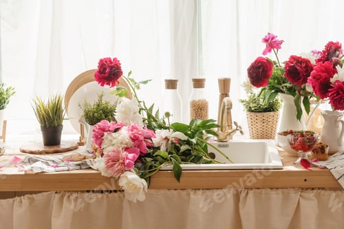 Preview: The kitchen countertop is decorated with peonies. The interior is decorated with spring flowers. Pin