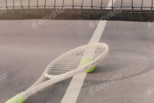 Preview: White tennis racket and green ball on court, active, wellness concept