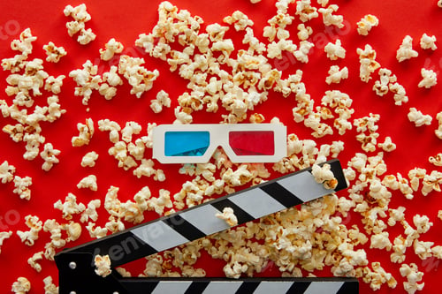 Preview: top view of delicious popcorn scattered on red background near clapper board and 3d glasses