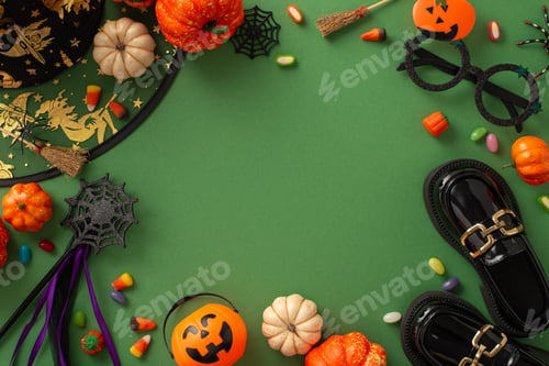 Preview: Fun Halloween trick-or-treat tradition for kids concept. Above view photo of candies
