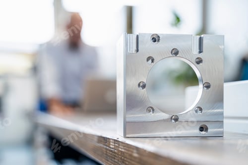 Preview: Metal workpiece in factory with businessman in background