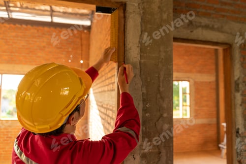 Preview: Plasterer in red working uniform check balance of wood window frame, check center byTry Square