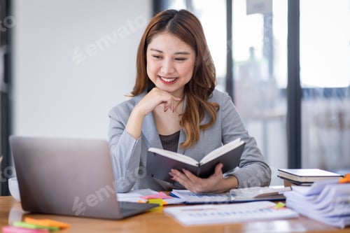 Preview: Young asian business woman manager accounting analyst checking bills, analyzing sales statistics man