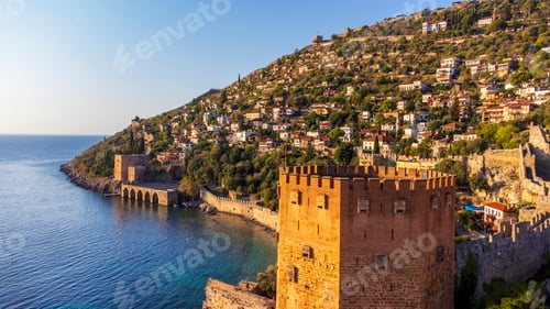 Preview: Tersane beach bay Alanya in Antalya Turkey. Sea and city with an open sky. Kizil Kule - Alanya