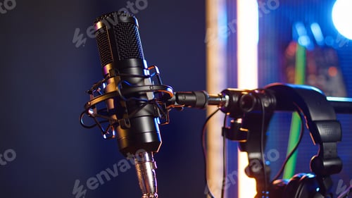 Preview: Empty recording studio with a luxury microphone on retro stage