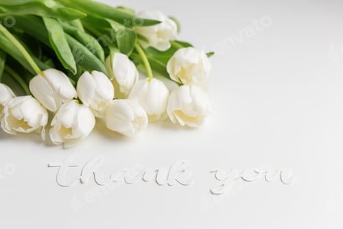 Preview: White Tulips with Thank You Message on Bright Background