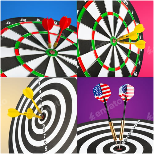 Darts on Dartboards Collage with Various Backgrounds