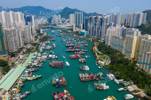 Preview: Aberdeen, Hong Kong 12 May 2019: Aerial view of Hong Kong fishing harbor port in Aberdeen