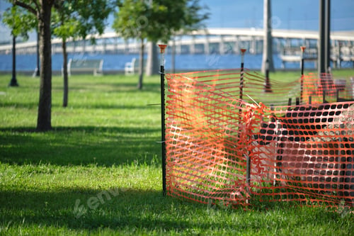 Preview: Restriction plastic mesh fence at industrial construction site