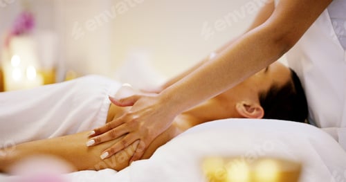 Preview: Hands, shoulder massage and woman with health, skin and holistic spa center for wellness and zen. M