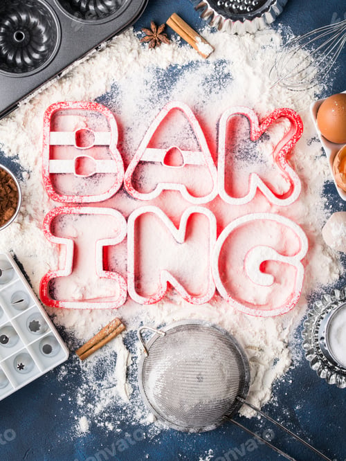 Preview: Flour letters spelling Baking with tools and ingredients