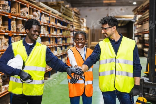 Preview: Diverse logistics workers showing teamwork in warehouse