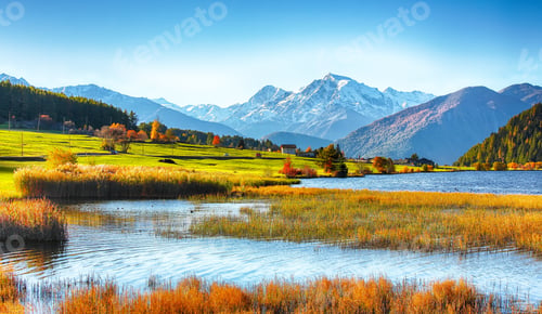 Preview: Splendid autumn panorama of Haidersee (Lago della Muta) lake with Ortler peak on backgroun