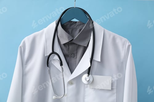 Preview: Clean White Doctor Coat Hanging on Blue Wall