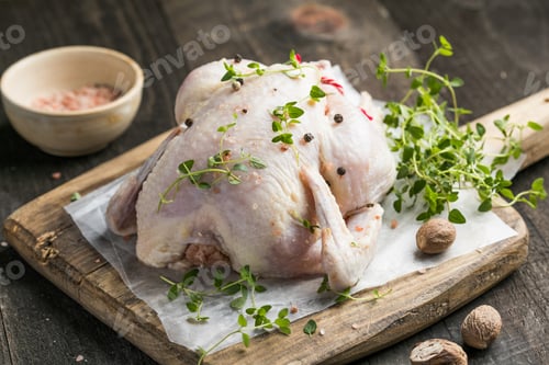 Preview: organic raw whole chicken with thyme peppers and garlic on a rustic table