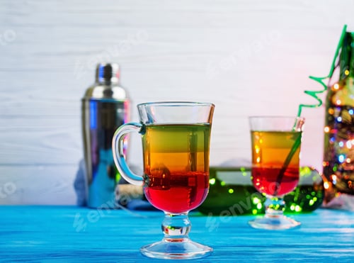 Preview: Layered colorful tasty jelly on wooden background