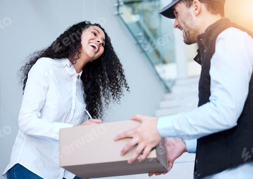 Preview: You got here quicker than I expected. Shot of a customer signing for her delivery from the courier.