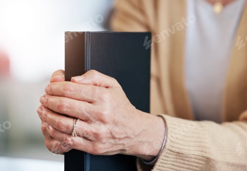 Preview: Bible book, prayer or hands of old woman for holy worship, support or hope in Christianity or faith
