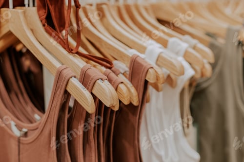 Preview: Multi-colored T-shirts hang on hangers.