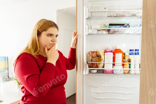 Preview: Beautiful body positive woman opened refrigerator, choosing food in kitchen in cozy apartment