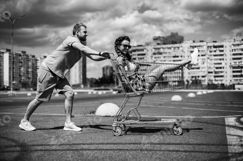 Preview: Supermarket Trolley. A Man Carries A Woman To A Supermarket Carts.