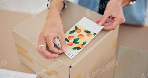 Preview: Online order, label sticker and woman hand with small business in fashion with delivery and cardboa