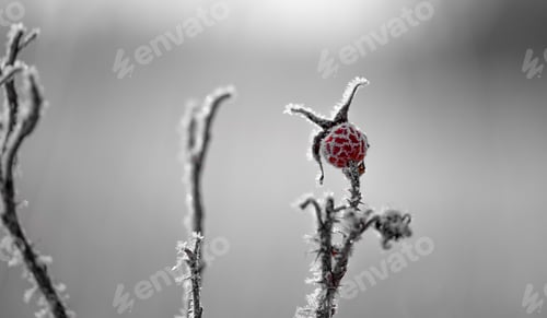 Preview: Closeup shot of a frozen rosehip in the snowy park