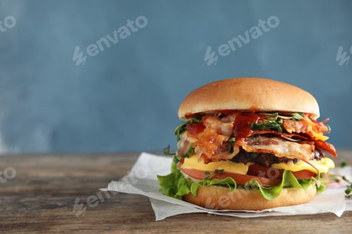 Preview: Tasty burger with bacon on table against color background. Space for text