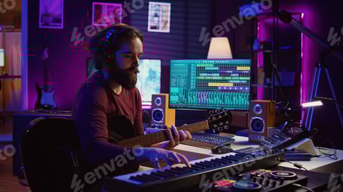 Preview: Musical composer recording his guitar tunes and adding piano key sounds