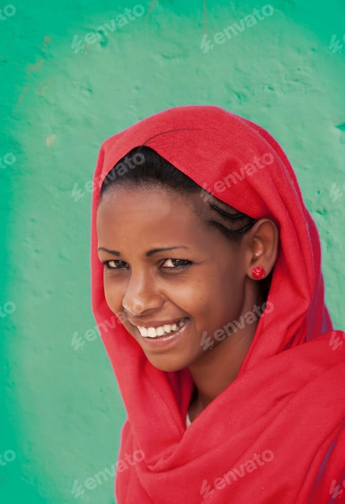 Preview: Portrait of Amhara woman wearing red headscarf, Ethiopia, Africa